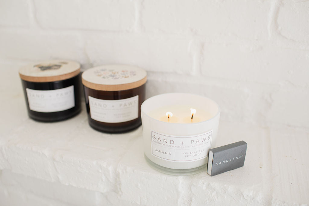 Cozy Sand + Paws Gardenia 12 oz scented candle